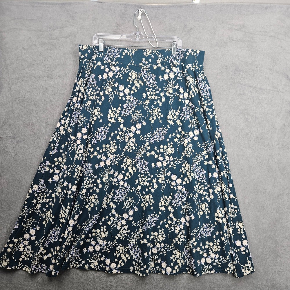 Pact Organic Cotton Floral Midi Skirt Teal XXXL Plus Size Pockets A-Line